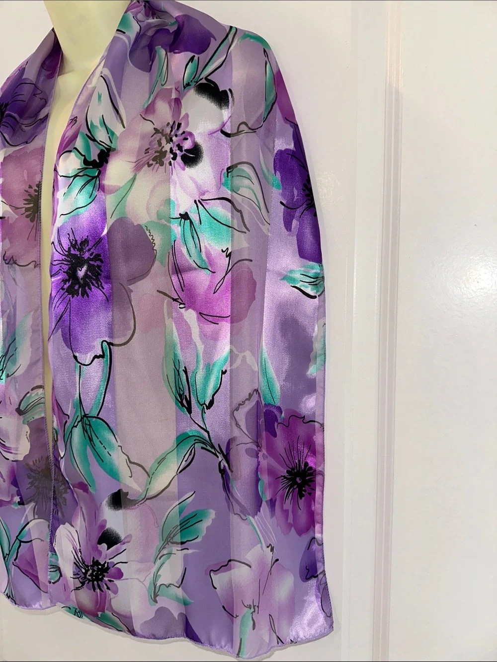 Vintage Apexx Collection Purple‎ & Green Floral Print Long Silk Feel Scarf